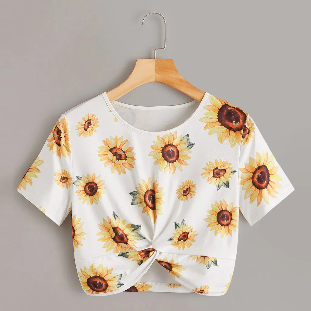 Лето 2019 Sunshine футболка для женщин Подсолнух Kawaii короткий узел отдыха Удобная Vogue