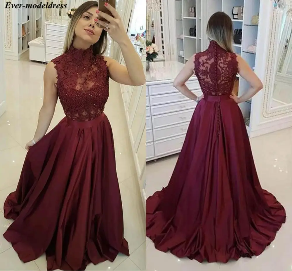 High Neck Evening Dresses 2019 Burgundy Illusion Top Lace Appliques Beaded Sweep Train Satin Prom Party Dresses Robe De Soiree
High Neck Evening Dresses 2019 Burgundy Illusion Top Lace Appliques Beaded Sweep Train Satin Prom Party Dresses Robe De Soiree