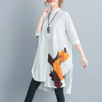 Irregular half-sleeved cotton and linen women long blouse flower printed loose A-line white shirts tops
Irregular half-sleeved cotton and linen women long blouse flower printed loose A-line white shirts tops