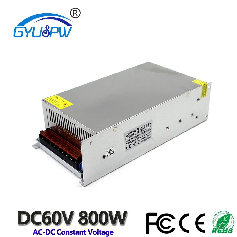 Switching Switch Power Supply DC 60V 13.3A 800W Driver Transformer 220V 110V AC DC60V SMPS For LED Strip Light CNC Router Motor
Switching Switch Power Supply DC 60V 13.3A 800W Driver Transformer 220V 110V AC DC60V SMPS For LED Strip Light CNC Router Motor