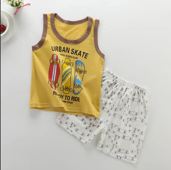 2019 summer kids sets two-piece boutique clothing cotton sleeveless vest shorts suit boys and girls cartoon skateboard | Детская одежда