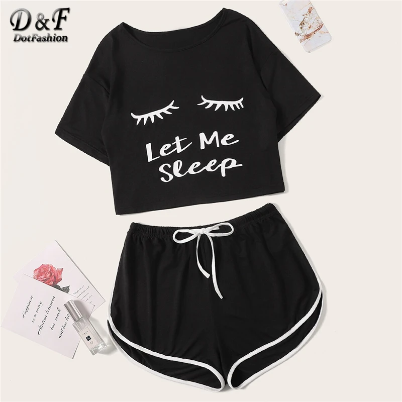 

Dotfashion Black Slogan Figure Print Top With Dolphin Shorts PJ Set 2019 Summer Casual Pajamas For Women Short Sleeve Loungewear