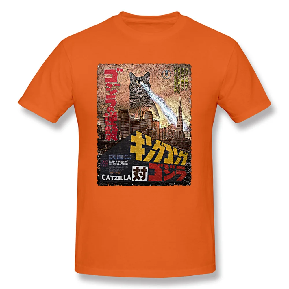 StreetPrinting Short Sleeve Tops Tees Summer/Autumn 2018 New Crewneck All Cotton Tee Shirt Men's T Shirts Catzilla-Poster Catzilla-Poster orange