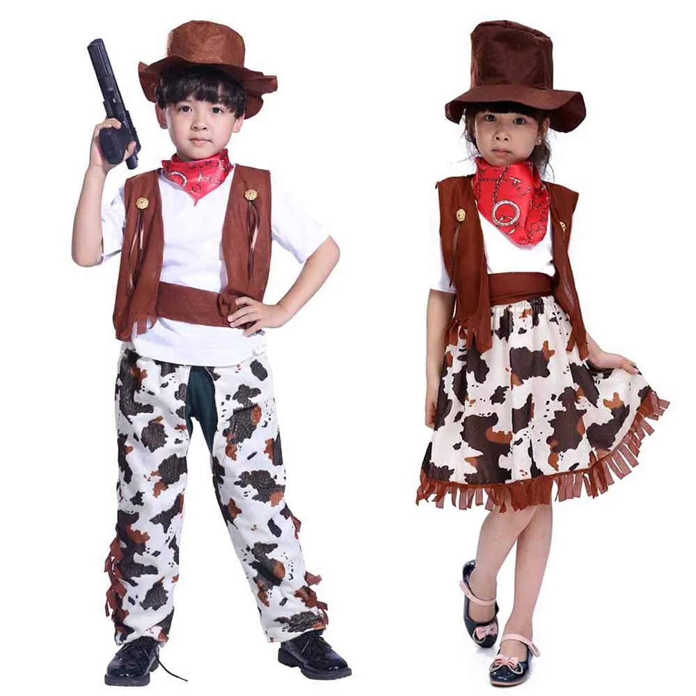Image Kid Cowboy Costume Set Gun Slinger Costume Faux Leather Chaps Costume with Waistcoat Chaps Scarf and Hat Halloween Fancy Dress