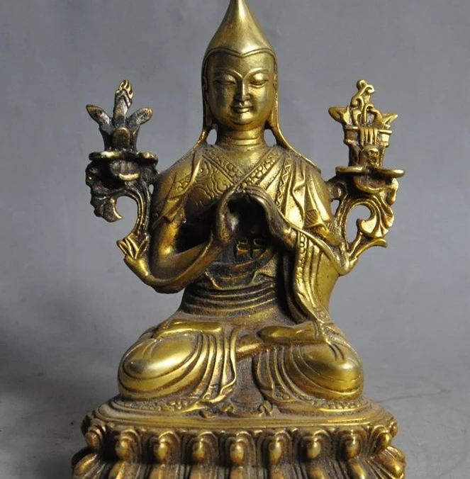 

6" old chinese buddhism bronze gilt fane pray Tsongkhapa Tsongkapa buddha statue