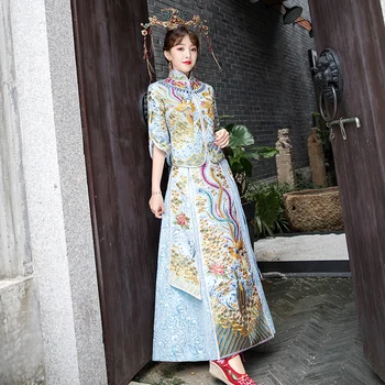 Blue Embroidery Female Cheongsam Suit High Quality Dragon&Phoenix Wedding Qipao Novelty Ancient Bride Marriage Dress Gown
Blue Embroidery Female Cheongsam Suit High Quality Dragon&Phoenix Wedding Qipao Novelty Ancient Bride Marriage Dress Gown