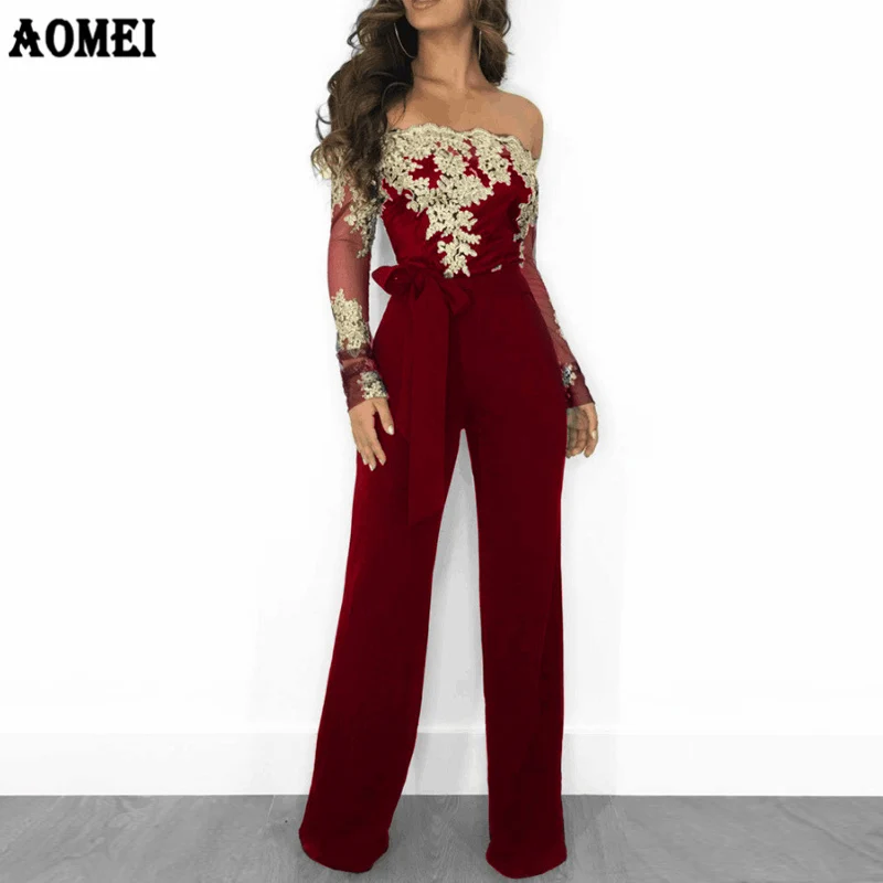 Women Overalls Jumpsuit Autumn Lace Tulle Off Shoulder Slash Neck Gold Embroidery Waistbelt Elegant Femme Office Casual Clothing
Women Overalls Jumpsuit Autumn Lace Tulle Off Shoulder Slash Neck Gold Embroidery Waistbelt Elegant Femme Office Casual Clothing