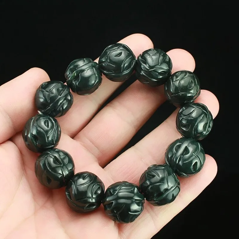 Натуральный темно-браслет с Зелеными камнями китайские ручные резные грецкие