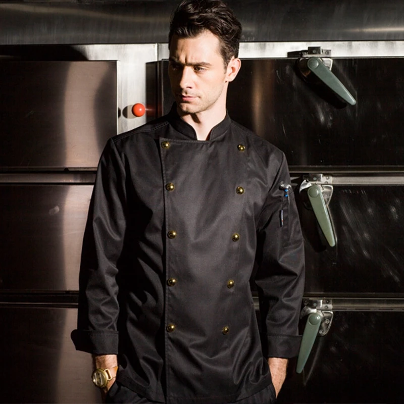 Fashion restaurant uniform hotel long sleeve anti-wrinkle golden buttons white cook uniform men
Fashion restaurant uniform hotel long sleeve anti-wrinkle golden buttons white cook uniform men