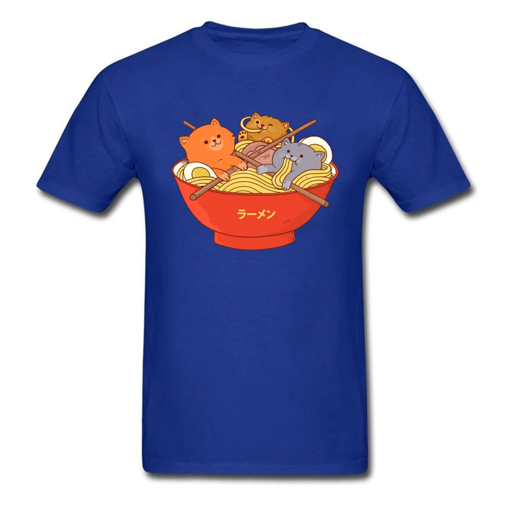 Custom Ramen noodles and cats Tees for Men 2018 Newest Lovers Day Round Collar Cotton Short Sleeve T Shirt Casual Tee Shirt Ramen noodles and cats blue