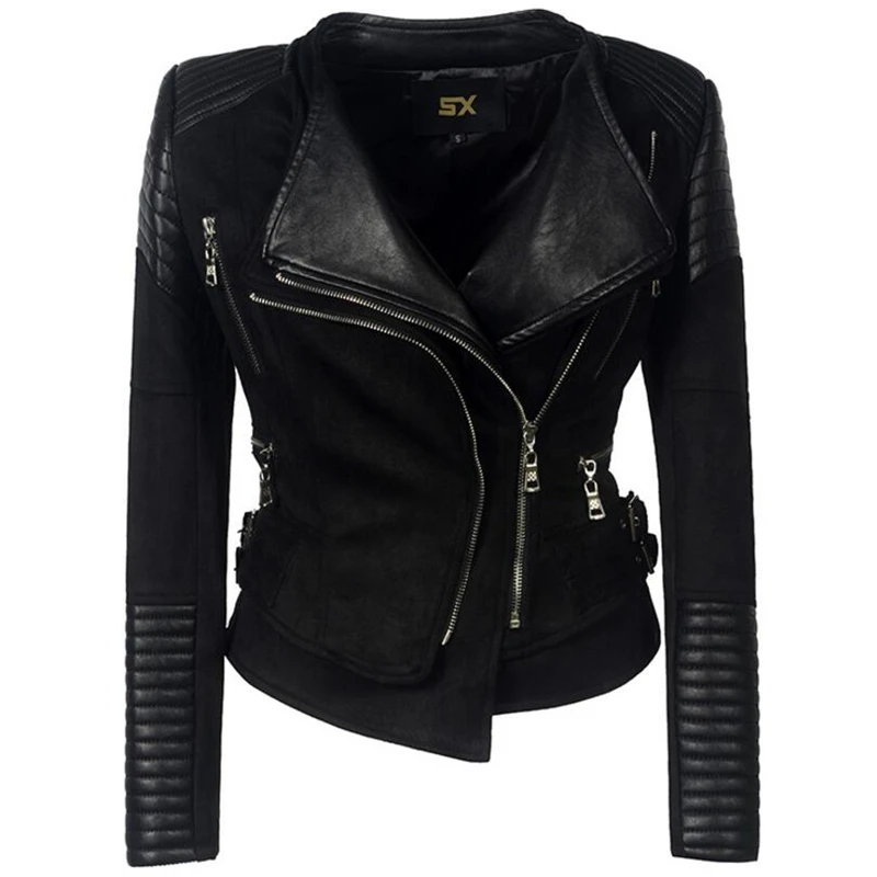 European American Style lapel zipper Leather Jacket Women Deerskin PU stitching Jackets Coats Punk Streetwear Ladies clothes 
European American Style lapel zipper Leather Jacket Women Deerskin PU stitching Jackets Coats Punk Streetwear Ladies clothes