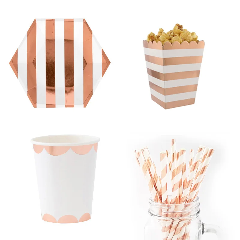 Rose Gold Striped Dot Disposable Tableware Set Cup Plate Napkin Paper Straws Popcorn Box Gift Box for Wedding Party Decoration
Rose Gold Striped Dot Disposable Tableware Set Cup Plate Napkin Paper Straws Popcorn Box Gift Box for Wedding Party Decoration