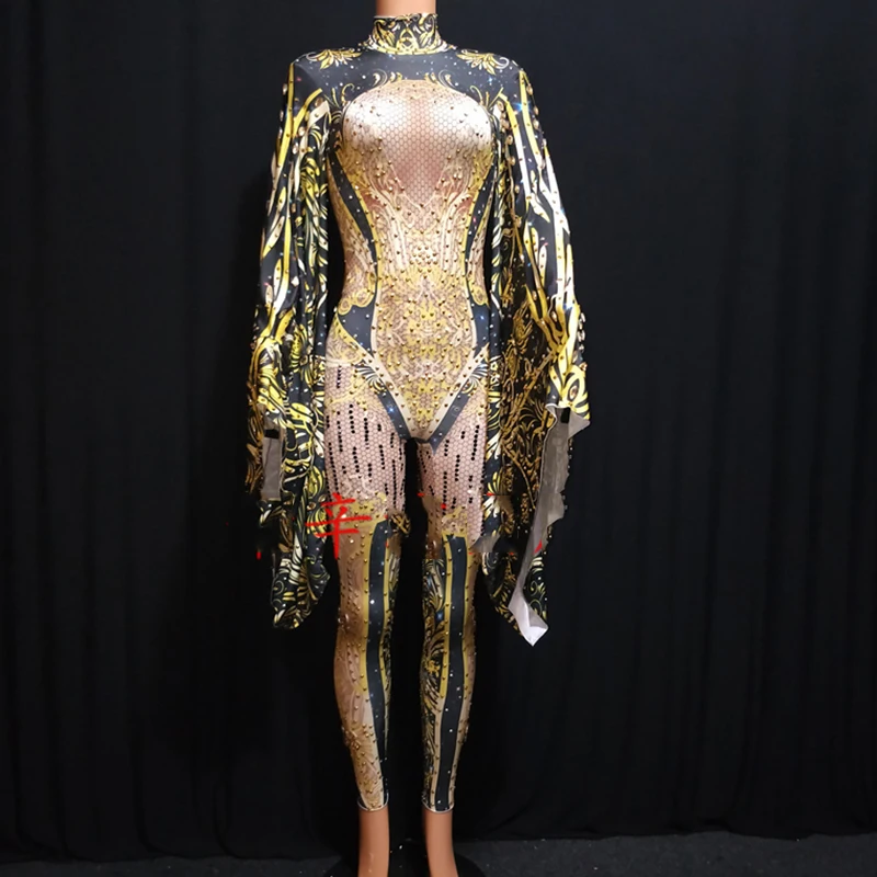 Фото Модный черный желтый комбинезон Женский праздничный костюм со стразами Женское