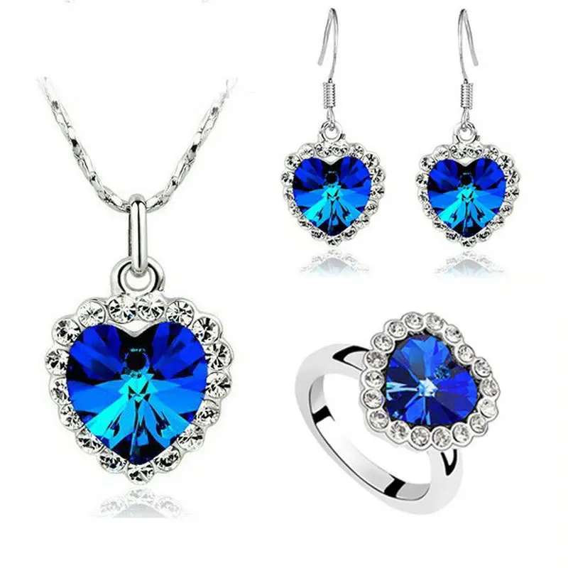 Promotional Titanic Crystal Jewelry Set Ocean Heart Three-Piece Necklace + Earrings + Ring Set Bridal Jewelry Wholesale
Promotional Titanic Crystal Jewelry Set Ocean Heart Three-Piece Necklace + Earrings + Ring Set Bridal Jewelry Wholesale