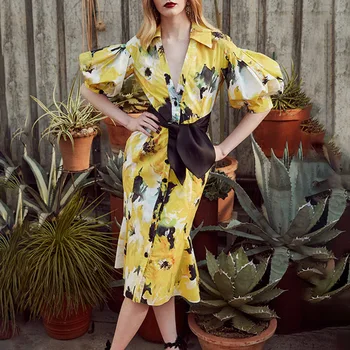 Women Fashion Dress Vintage Turn Down Collar Puff Sleeve Yellow Printed Trumpet Mermaid Cardigan Dress Party
Women Fashion Dress Vintage Turn Down Collar Puff Sleeve Yellow Printed Trumpet Mermaid Cardigan Dress Party