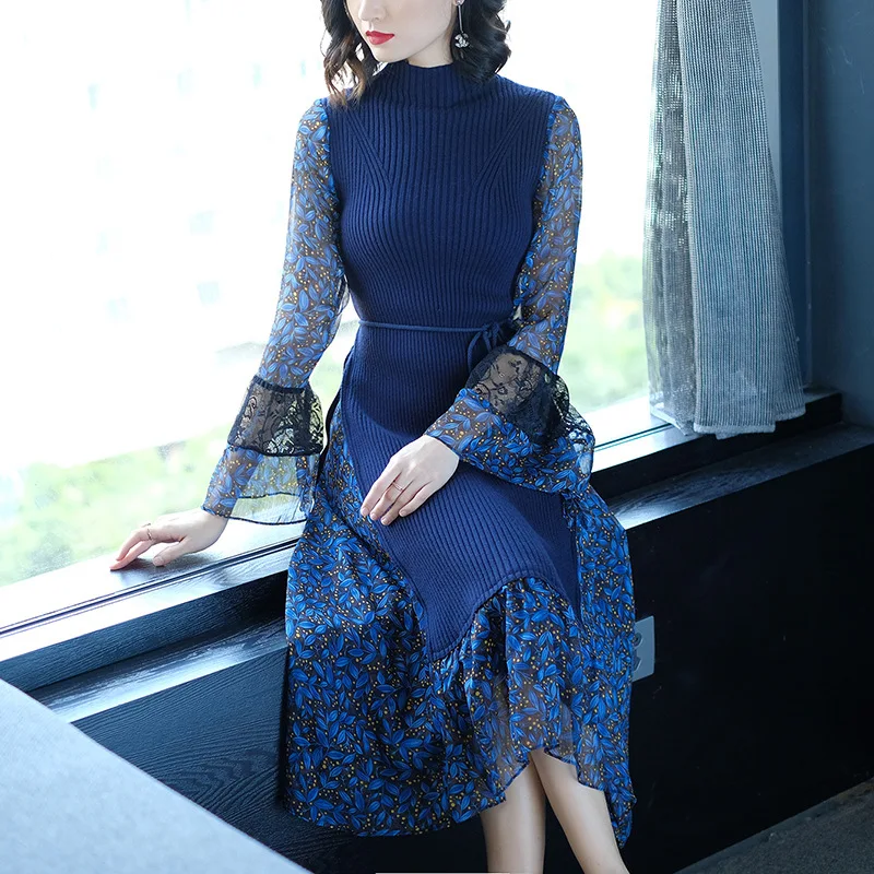 Spring Women Blue Dress O Neck Knitted Chiffon Patchwork Sweater Dress Casual Elegant Flare Sleeve Floral Print Dress RE2154
Spring Women Blue Dress O Neck Knitted Chiffon Patchwork Sweater Dress Casual Elegant Flare Sleeve Floral Print Dress RE2154
