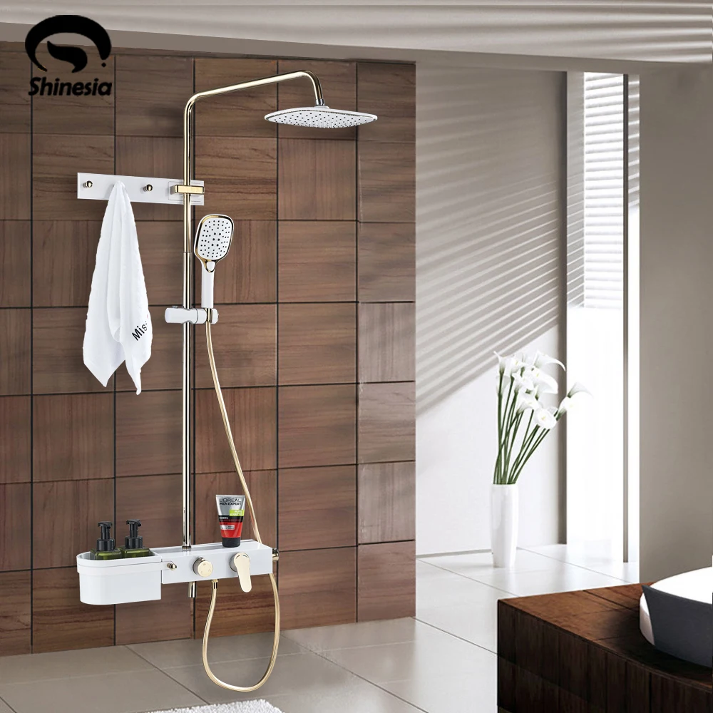 Luxury Gold White Shower Faucet Set 3-Function Switch Wall Mount Rain Shower Head With Hand Shower Bathtub Spout Shower Set
Luxury Gold White Shower Faucet Set 3-Function Switch Wall Mount Rain Shower Head With Hand Shower Bathtub Spout Shower Set