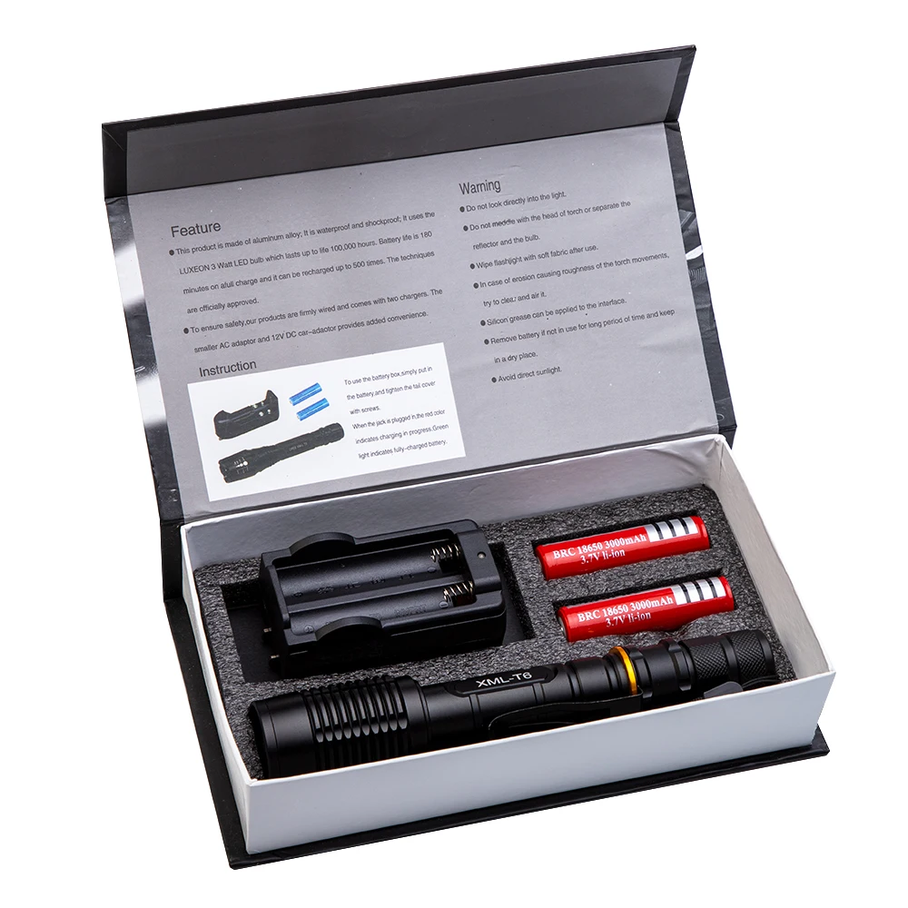 LED Flashlight Ultra Bright T6 Tactical Flashlight 5000LM LED Torch Zoomable LED Light+18650 battery+charger+Free box
LED Flashlight Ultra Bright T6 Tactical Flashlight 5000LM LED Torch Zoomable LED Light+18650 battery+charger+Free box