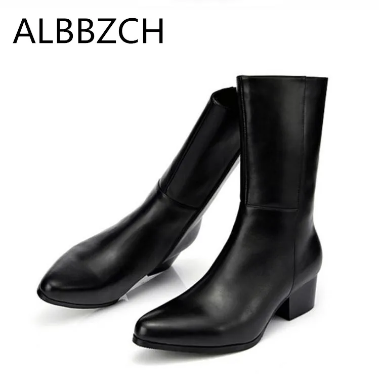 

Autumn Winter Mens Genuine Leather High Heel Boots Men 5cm Height Increase Business Work Dress Shoes Pointed Toe Warm Boot 36-46