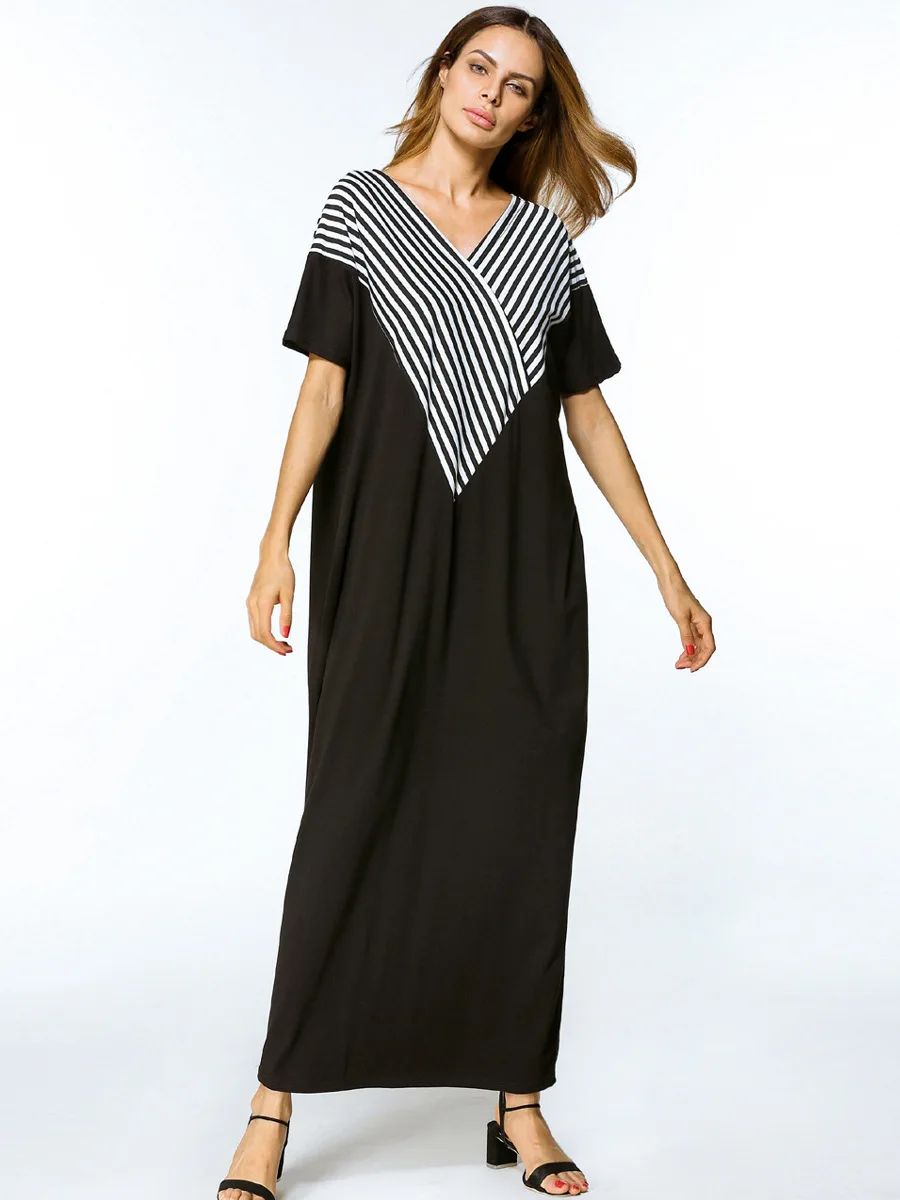 Women Striped Long Dress Short Sleeve Plus Size 4XL Black Summer Dress Female V Neck Sexy Loose Cotton Maxi Dresses
Women Striped Long Dress Short Sleeve Plus Size 4XL Black Summer Dress Female V Neck Sexy Loose Cotton Maxi Dresses