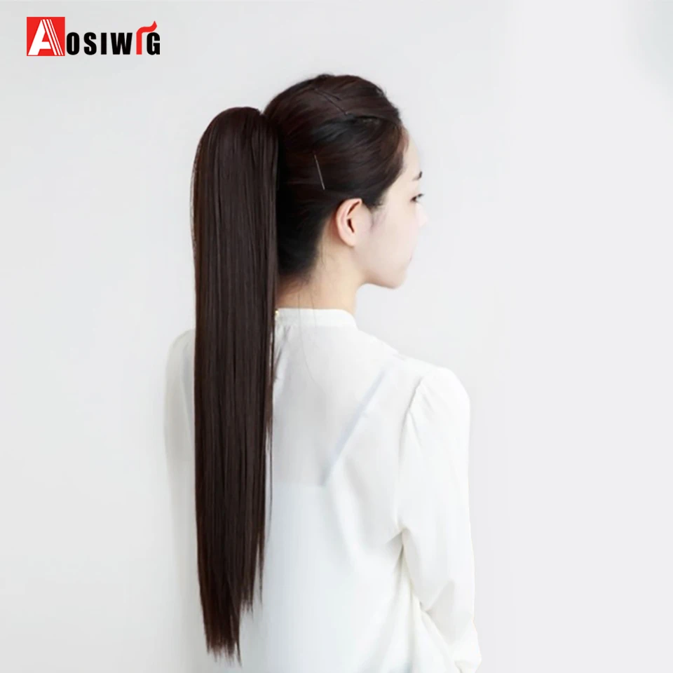 AOSIWIG 24'' Long Black Synthetic Ponytail Hair Natural Fake Tail Hairpieces Women Hairstyles Heat Resistant | Шиньоны и парики