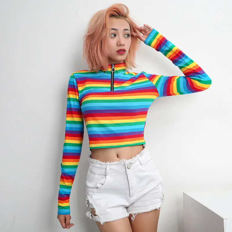 Rainbow Gradient Block Striped Buckle Zipper Turtleneck Hippie Tumblr Crop Top Streetwear Slim Tee T Shirt 2019 Harajuku T-Shirt
Rainbow Gradient Block Striped Buckle Zipper Turtleneck Hippie Tumblr Crop Top Streetwear Slim Tee T Shirt 2019 Harajuku T-Shirt