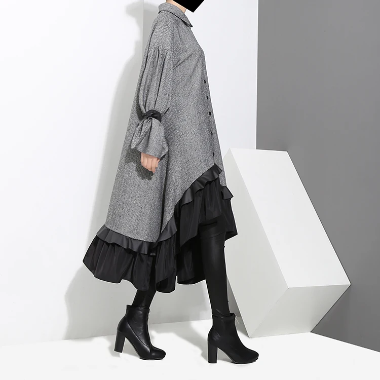 2020 Autumn Winter Women Plus Size Gray Shirt Dress Midi Long Sleeve Patchwork Thick Warm Ruffled Elegant Party Dress Style 3073 2020 Autumn Winter Women Plus Size Gray Shirt Dress Midi Long Sleeve Patchwork Thick Warm Ruffled Elegant Party Dress Style 3073