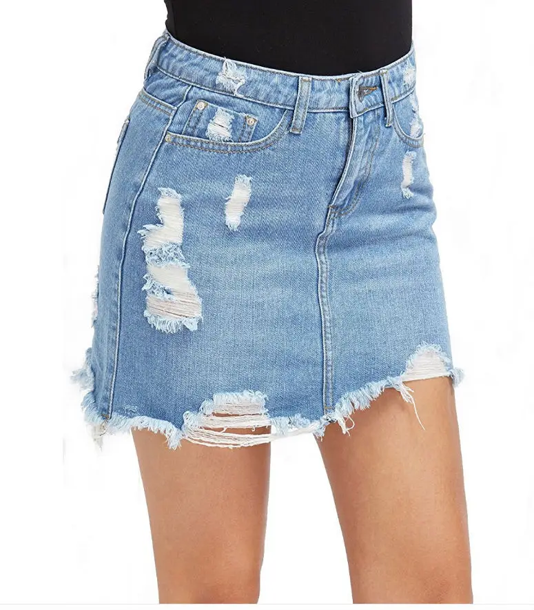 Фото Summer women fashion slim high waist water wash ripped denim skirt female trendy color vintage A-line sexy jean cotton bottom | Женская