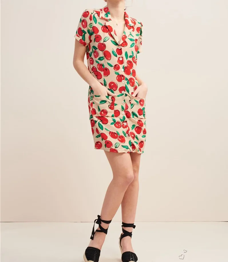 Women Dress Summer Mini Dresses Slim Single-breasted Apple Print Suit Collar Short Sleeve Dress with pockets for holiday Sweet
Women Dress Summer Mini Dresses Slim Single-breasted Apple Print Suit Collar Short Sleeve Dress with pockets for holiday Sweet