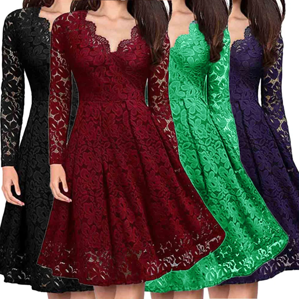 Tops Women A-Line Solid Lace Dress V-Neck Off Shoulder Lace Formal Evening Party Dress Long Sleeve Dress
Tops Women A-Line Solid Lace Dress V-Neck Off Shoulder Lace Formal Evening Party Dress Long Sleeve Dress