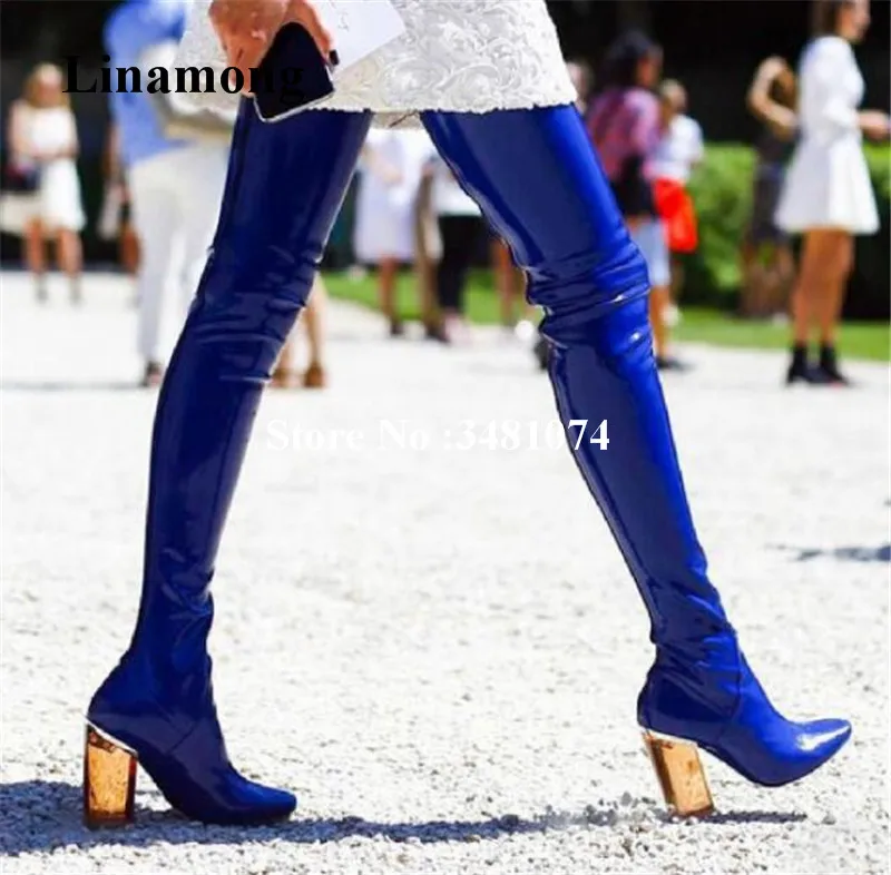 Women Winter New Design Fashion Long Boots Pointed Transparent Chunky Heels And Solid Blue Over The Knee Boots For Women
Women Winter New Design Fashion Long Boots Pointed Transparent Chunky Heels And Solid Blue Over The Knee Boots For Women