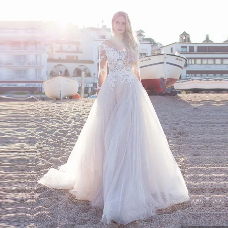 Eightale Long Sleeve Lace Wedding Dresses A-Line Appliques Train Wedding Gown Beach Tulle Bride Dress vestido novia
Eightale Long Sleeve Lace Wedding Dresses A-Line Appliques Train Wedding Gown Beach Tulle Bride Dress vestido novia