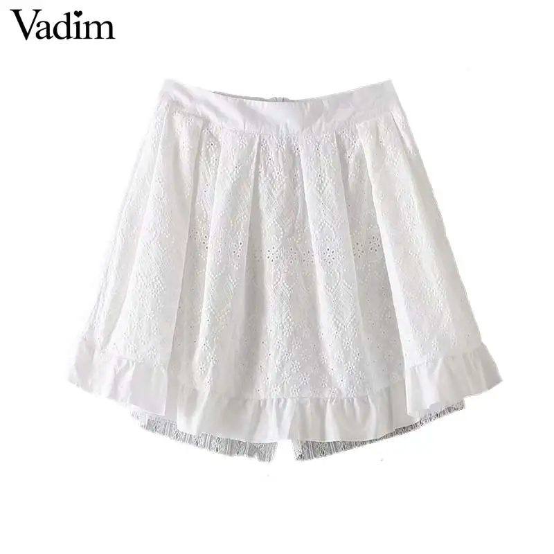 Vadim women sweet white ruffled mesh shorts pockets embroidery hollow out elastic waist summer casual shorts pantalones SA104
Vadim women sweet white ruffled mesh shorts pockets embroidery hollow out elastic waist summer casual shorts pantalones SA104