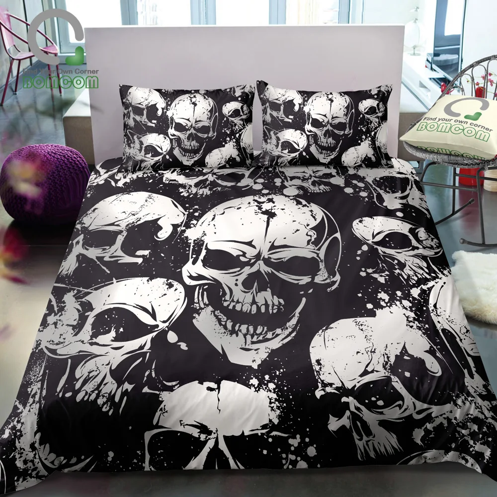 

BOMCOM 3D Digital Printing Skull Bedding Horror Skulls Grunge Pattern with Skulls Duvet Cover S 100% Microfiber Black & White
