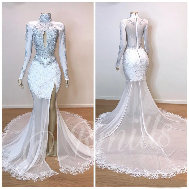 2019 High Neck Lace Mermaid Prom Dresses Long Sleeves Lace Applique Beaded Split Sweep Train Formal Party Wear Evening Dresses
2019 High Neck Lace Mermaid Prom Dresses Long Sleeves Lace Applique Beaded Split Sweep Train Formal Party Wear Evening Dresses