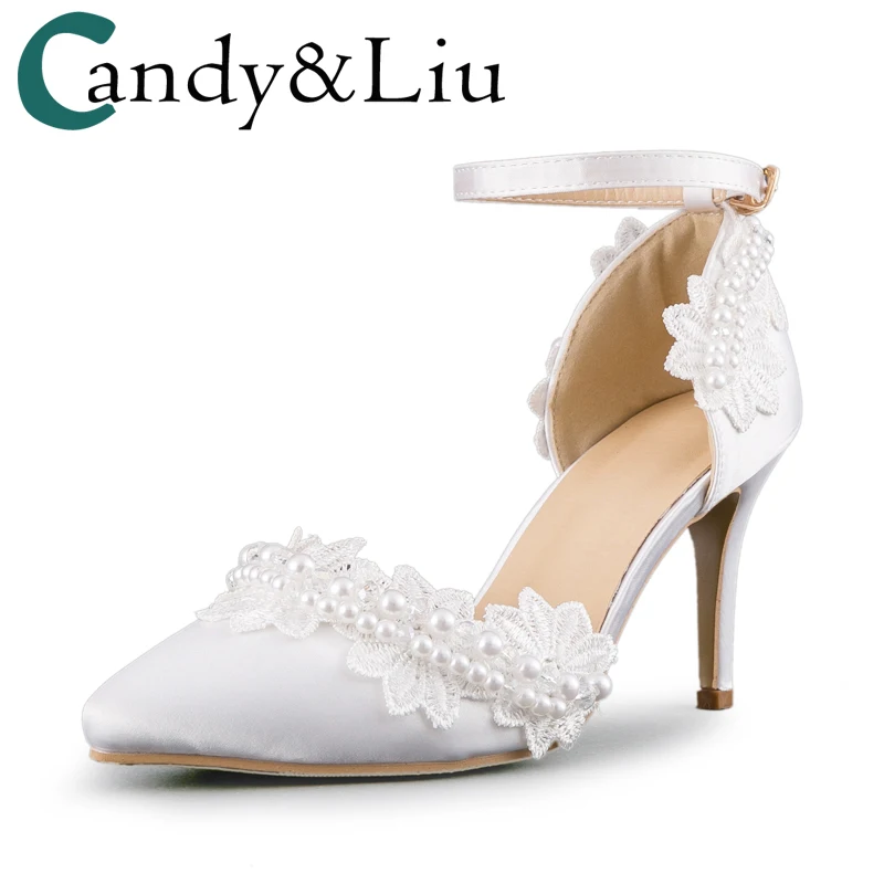 

Women Sandals Pointed Toe Wedding Shoes Sample Style White Pearl Lace Flowers High Heels Girls Shoe Wristband Bridal 8cm Height