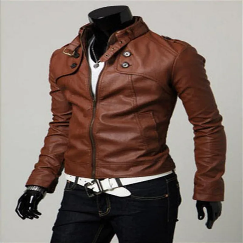 Korean version men's artificial leather pu jacket coats zipper stand collar Slim casual locomotive short paragraph | Мужская одежда