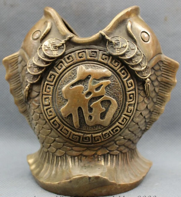JP S0114 Chinese Bronze Copper Wealth Coin Fu 2 Fish Head Statue Brush Pot Pencil Vase
JP S0114 Chinese Bronze Copper Wealth Coin Fu 2 Fish Head Statue Brush Pot Pencil Vase