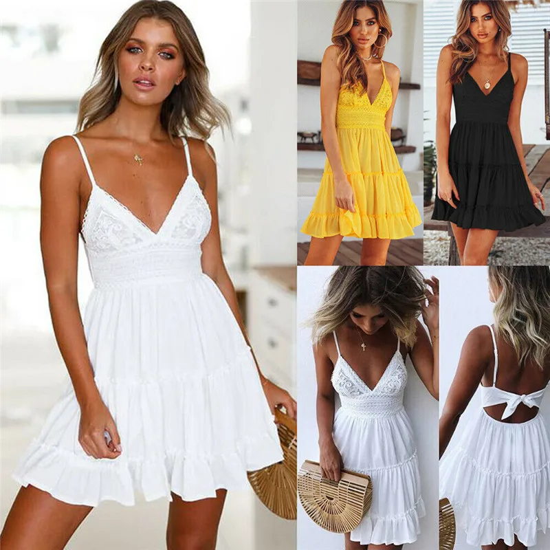 Women Sleeveless Holiday Lace Dress Beachwear Ladies Summer Beach Swing Sundress V neck Elegant Short | Женская одежда