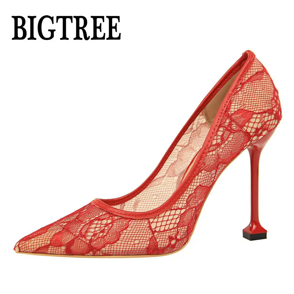 

BIGTREE New Fashion Mesh Bud Silk Career Thin Heel Shoes Hollow Out Shallow Pointed High-heeled Shoe Women Single Pumps 17175-11