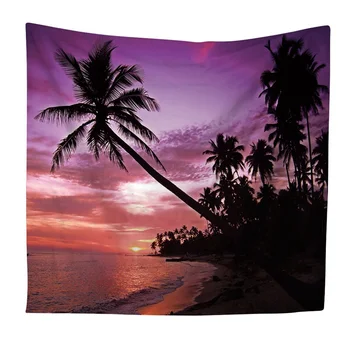 

Cozy Sunset Coastal Natural Scenery Wall Hanging Gobelin Mural Coconut Tree Printed Polyester Tapestry Bedroom Decor Art