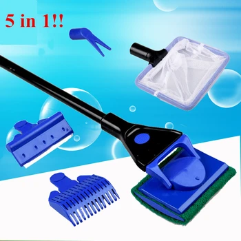 5 in 1 Aquarium Cleaning Tools Aquarium Tank Clean Set Fish Net Gravel Rake Algae Scraper Fork Sponge Brush Glass Cleaner