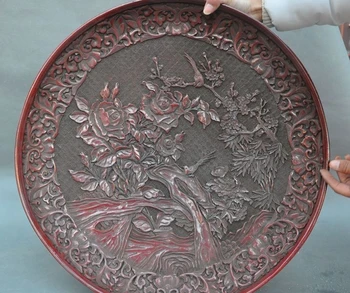 19"Marked Old Chinese Lacquerware Carved Flower Bird Lucky Statue Art Plate Tray
19"Marked Old Chinese Lacquerware Carved Flower Bird Lucky Statue Art Plate Tray