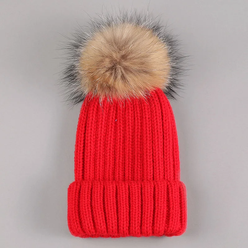kid hat with fur pompom redd 1