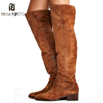 Prova Perfetto Cow Suede Women Thing High Boots Metal Rivet Studded Zipper Shoes Autumn Winter Plush Warming Flat Long Boots 
Prova Perfetto Cow Suede Women Thing High Boots Metal Rivet Studded Zipper Shoes Autumn Winter Plush Warming Flat Long Boots