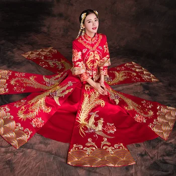 Bride Wedding Dress Gown Red Oriental Women Overseas Chinese Qipao Phoenix Handmade Embroidery Cheongsam Tang Suit Clothing 
Bride Wedding Dress Gown Red Oriental Women Overseas Chinese Qipao Phoenix Handmade Embroidery Cheongsam Tang Suit Clothing