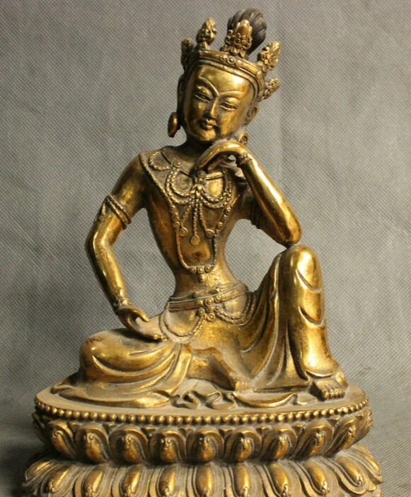 

JP S0606 8" Tibet Tibetan Bronze Gilt Temple Thinking Kwan-Yin GuanYin Buddha Tara Statue