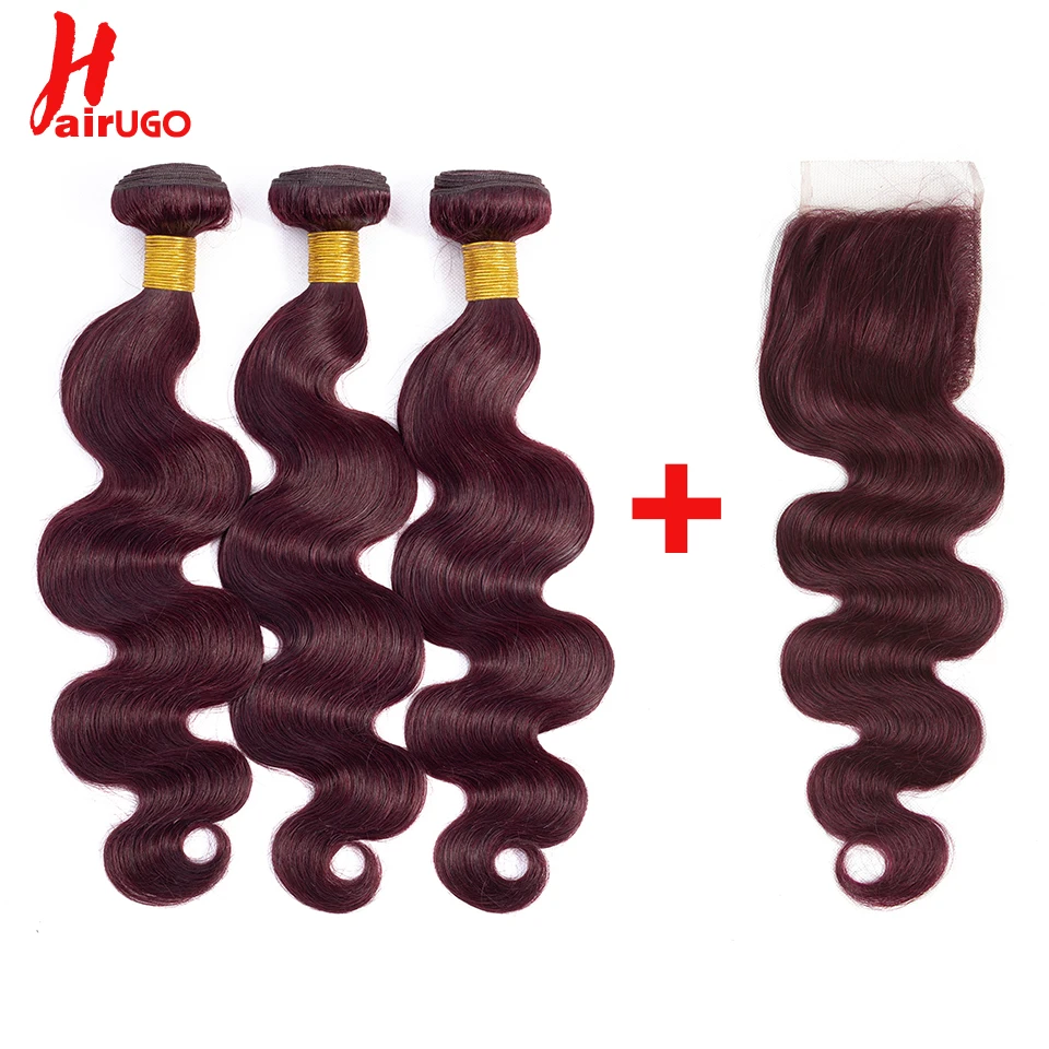 HairUGo Ombre Human Hair Bundles With Lace Closure Non Remy Brazilian Body Wave with 99J Color Weaving | Шиньоны и парики
