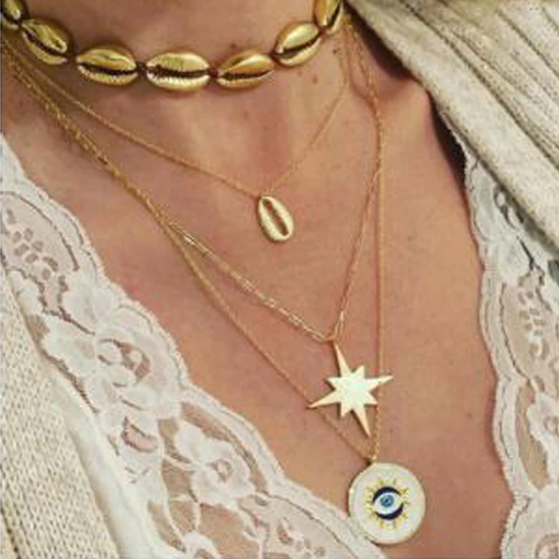 

Tocona Summer Beach Metal Star Eye Ocean Shell Conch Layered Necklace For Women Boho Gold Pendant Choker Jewelry Collares 7108