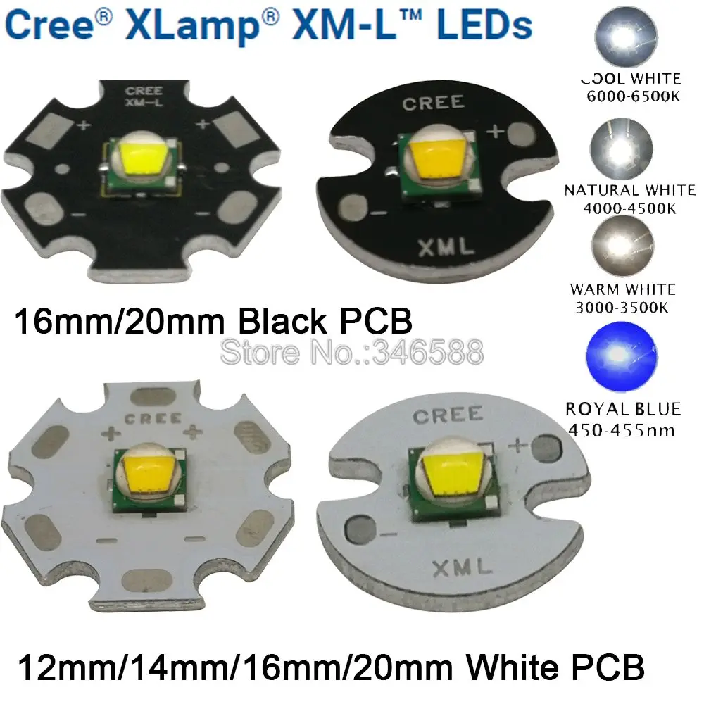 

5pcs CREE XML XM-L T6 High Power LED Emitter Cool White 6500K Neutral White 4500K Warm White 3000K 16mm 20mm White or Black PCB